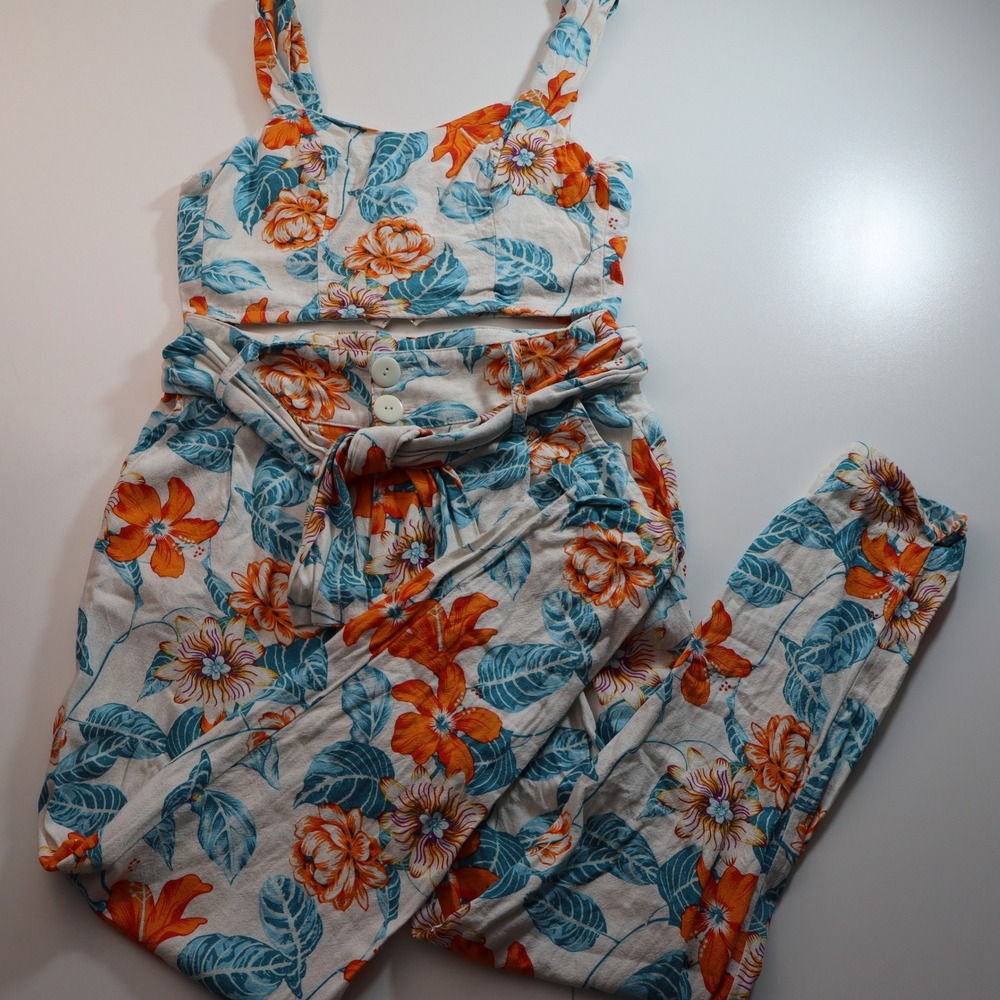 SugarLips Floral 2 Piece Set Womens Size 10 Orange Blue Tropical Crop Top Pants